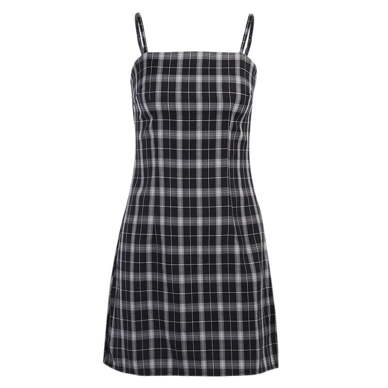 Black and white plaid women mini dress with sleeveless design, perfect for summer grunge outfits.