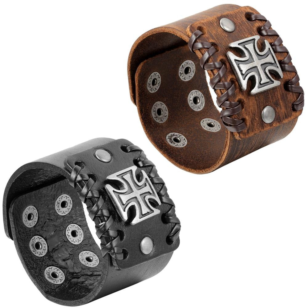 Rock Fashion wide leather bracelet set in brown and black with Celtic cross design and decorative metal studs.