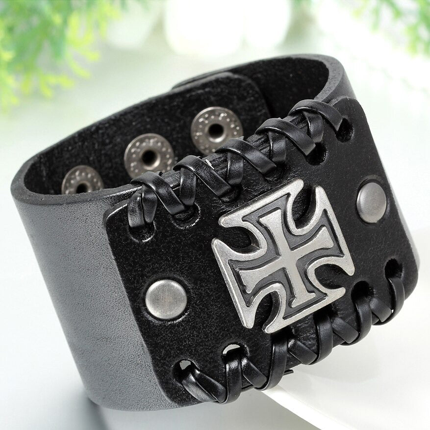 Brown and black leather bracelet with Celtic cross, Viking logo, and stylish cable-wire chain.