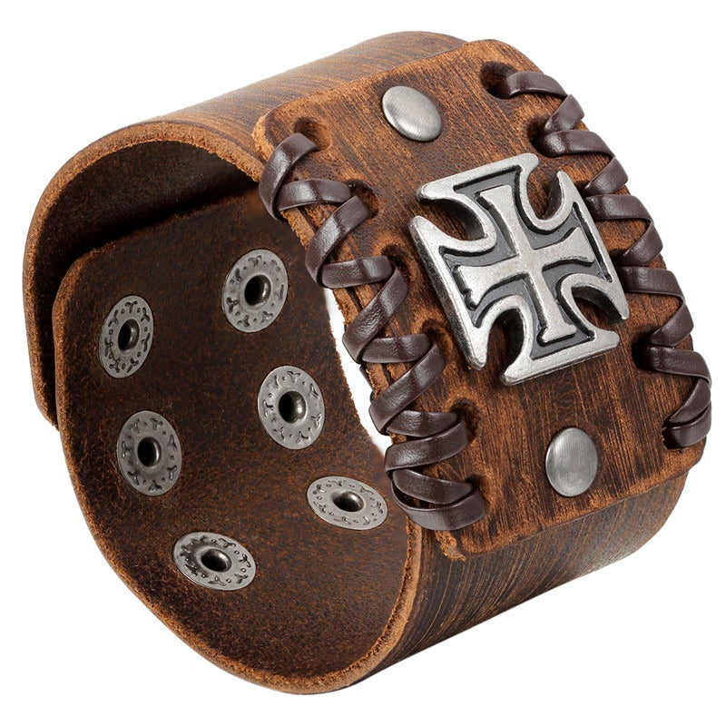 Rock Fashion 4.4CM brown and black leather bracelet with Celtic cross and cable-wire chain.