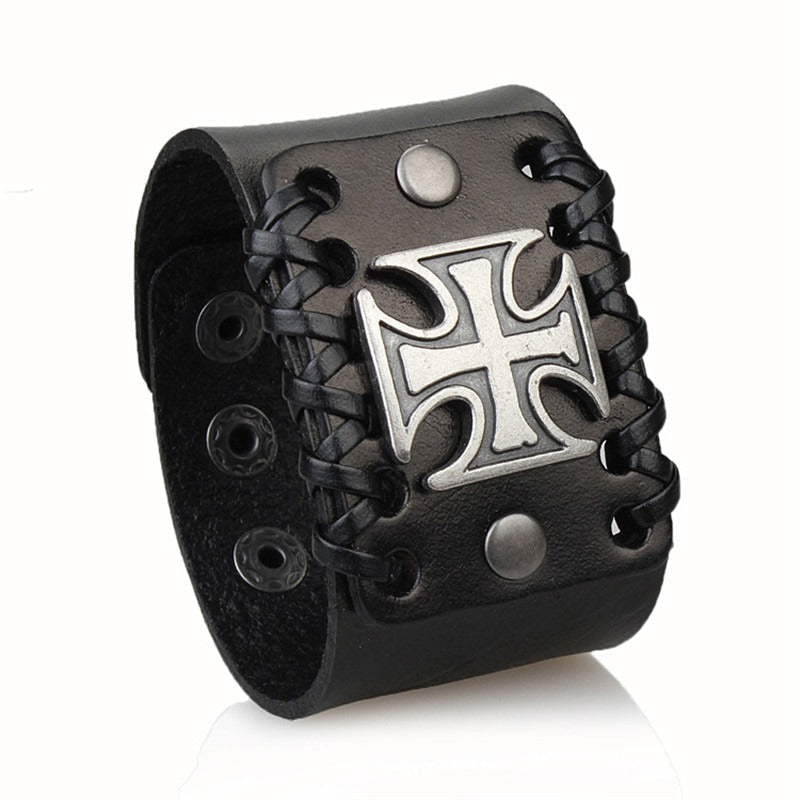 Rock Fashion black leather bracelet with Celtic cross, featuring lace and metal details, stylish men's accessory.