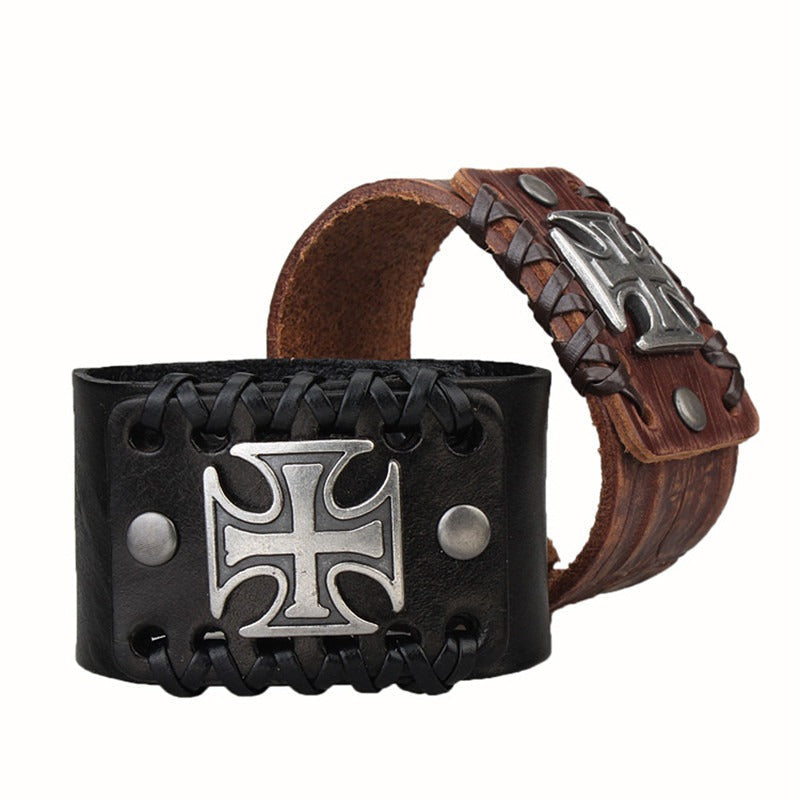 Rock Fashion brown and black leather bracelets with Celtic cross design and zinc alloy accents.