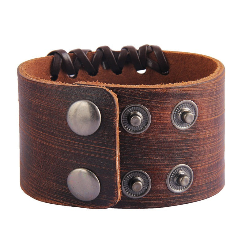 Rock Fashion brown and black leather bracelet featuring studs and cable-wire chain for a bold Viking-inspired look.