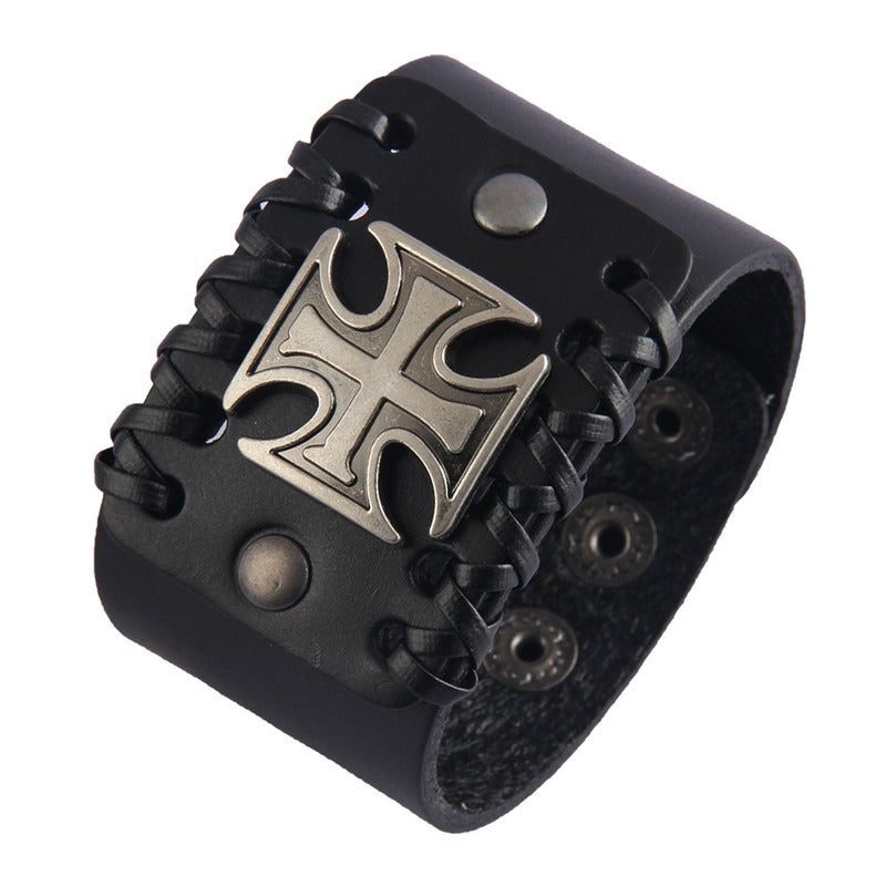 Black leather bracelet with Celtic cross design, features cable-wire chain and zinc alloy embellishments.