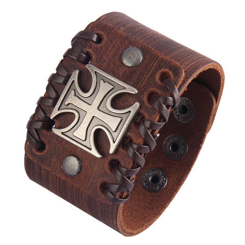 Rock Fashion brown and black leather bracelet featuring Celtic cross design, zinc alloy details and cable-wire chain.