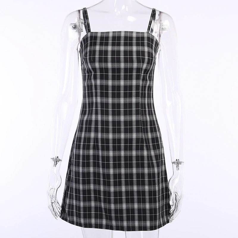 Black and White Plaid Women Mini Dress / Gothic Women Sexy Sleeveless Dresses - HARD'N'HEAVY