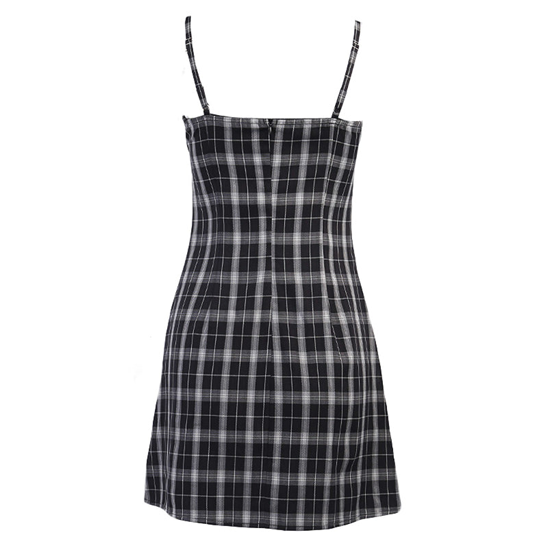 Black and white plaid women mini dress, sleeveless and strapless design, perfect for a gothic summer evening.