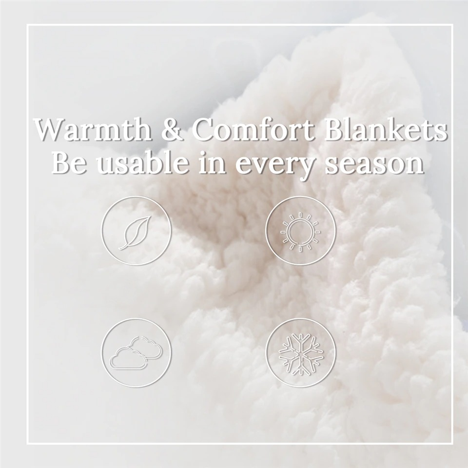 Cozy sherpa blanket showcasing warmth and comfort for every season with icons for spring, summer, fall, and winter.