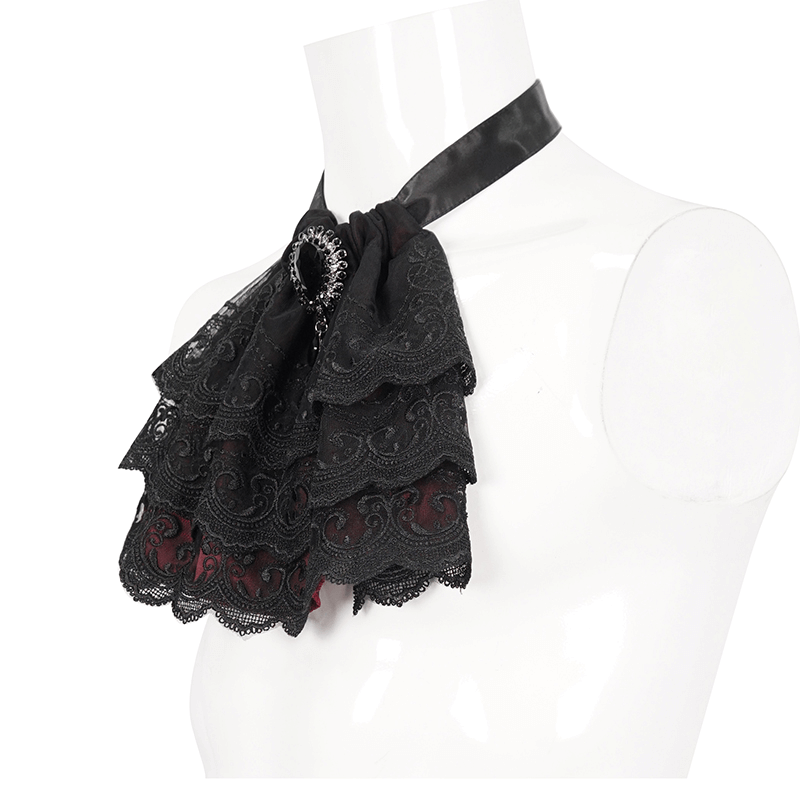 Black and Wine Red Gothic Lace Bowtie for Men / Vintage Male Tie with Faux Diamond Pendant