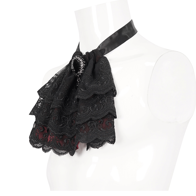 Black and wine red lace gothic bowtie with faux diamond pendant, perfect for vintage style outfits.