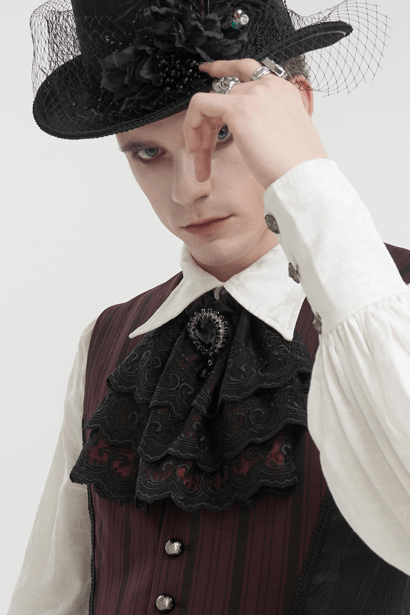 Model showcasing a vintage black and wine red gothic lace bowtie with faux diamond, exuding elegance and style.