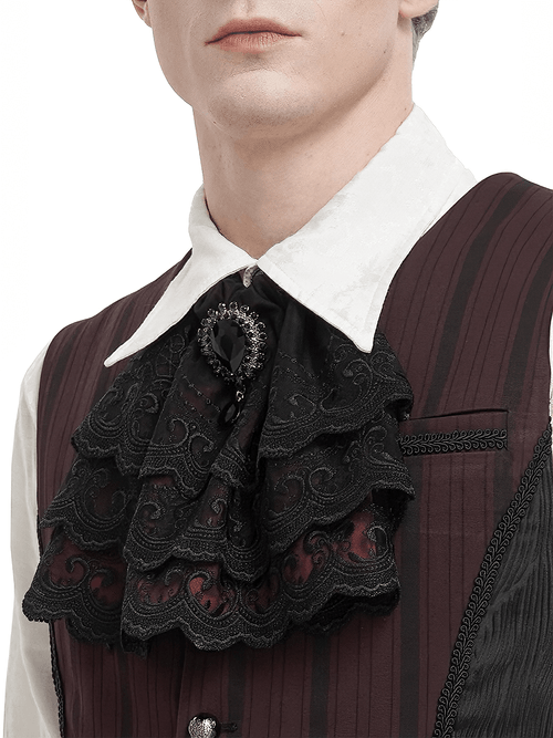 Black and Wine Red Gothic Lace Bowtie for Men / Vintage Male Tie with Faux Diamond Pendant