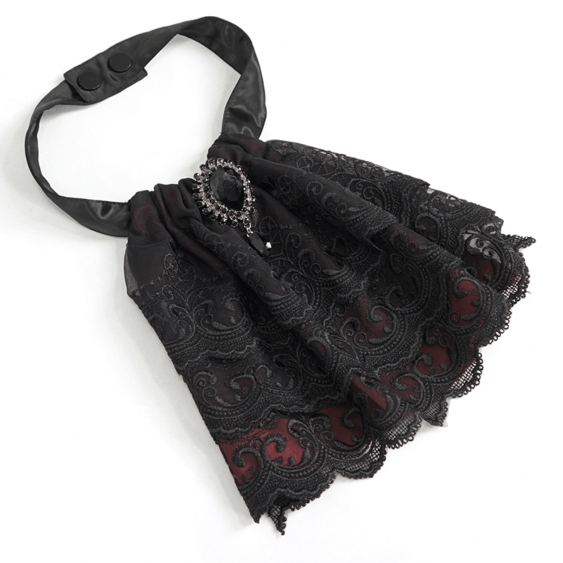 Black and Wine Red Gothic Lace Bowtie for Men / Vintage Male Tie with Faux Diamond Pendant