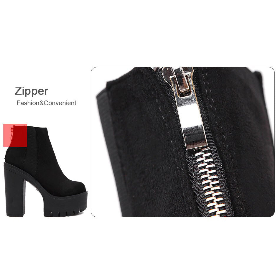Close-up of stylish black ankle boots with zipper, featuring thick platform heels for women. Fashion meets convenience!