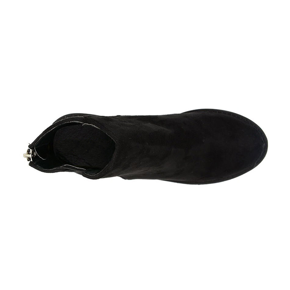 Top view of stylish black ankle boots for women with chunky heel and zipper, perfect for rocker outfits.