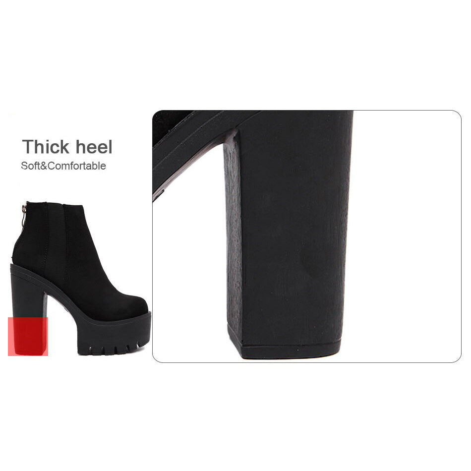 Close-up of stylish black ankle boots with thick heels, featuring a soft and comfortable design, perfect for trendy outfits.