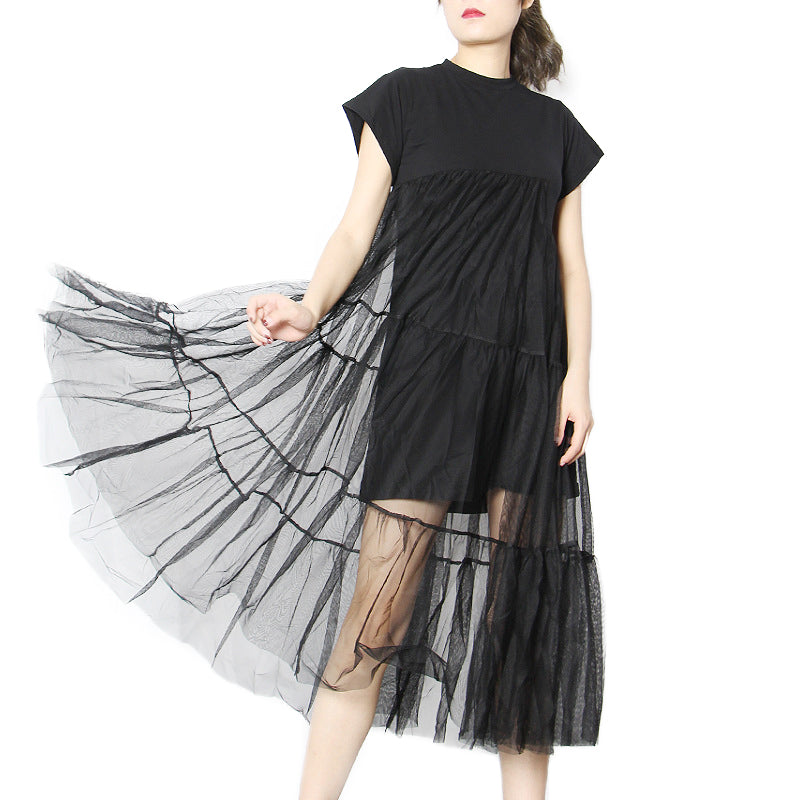 Black Asymmetrical Mesh Split Joint Dress / Round Neck Short Sleeve Loose Fit Dress for Women - HARD'N'HEAVY
