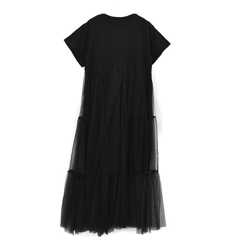 Black Asymmetrical Mesh Split Joint Dress / Round Neck Short Sleeve Loose Fit Dress for Women Black Asymmetrical Mesh Split Joint Dress / Round Neck Short Sleeve Loose Fit Dress for Women