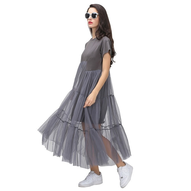 Black Asymmetrical Mesh Split Joint Dress / Round Neck Short Sleeve Loose Fit Dress for Women Black Asymmetrical Mesh Split Joint Dress / Round Neck Short Sleeve Loose Fit Dress for Women