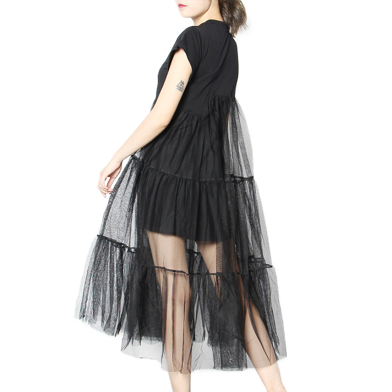 Stylish black asymmetrical mesh split dress with short sleeves, perfect for a loose fit fashion statement.