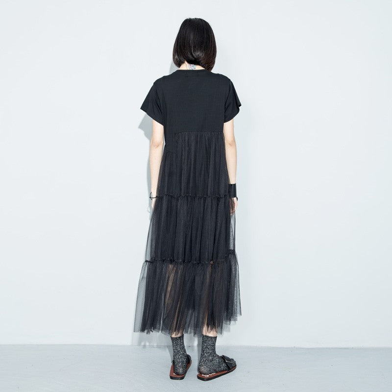 Black Asymmetrical Mesh Split Joint Dress / Round Neck Short Sleeve Loose Fit Dress for Women - HARD'N'HEAVY