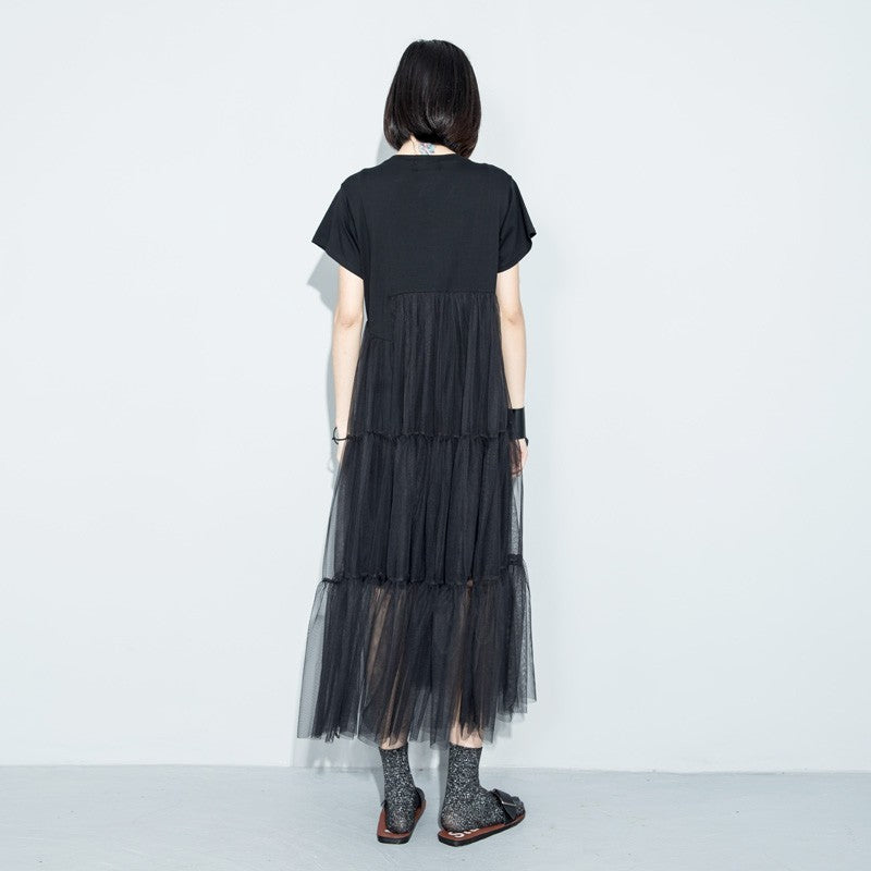 Black Asymmetrical Mesh Split Joint Dress / Round Neck Short Sleeve Loose Fit Dress for Women Black Asymmetrical Mesh Split Joint Dress / Round Neck Short Sleeve Loose Fit Dress for Women