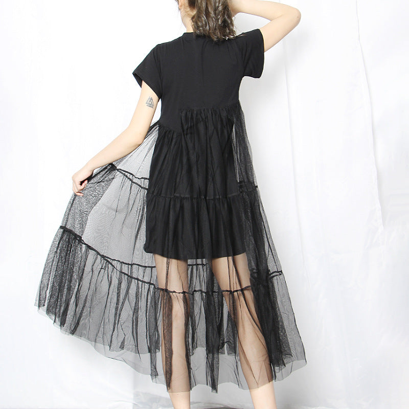 Black Asymmetrical Mesh Split Joint Dress / Round Neck Short Sleeve Loose Fit Dress for Women Black Asymmetrical Mesh Split Joint Dress / Round Neck Short Sleeve Loose Fit Dress for Women
