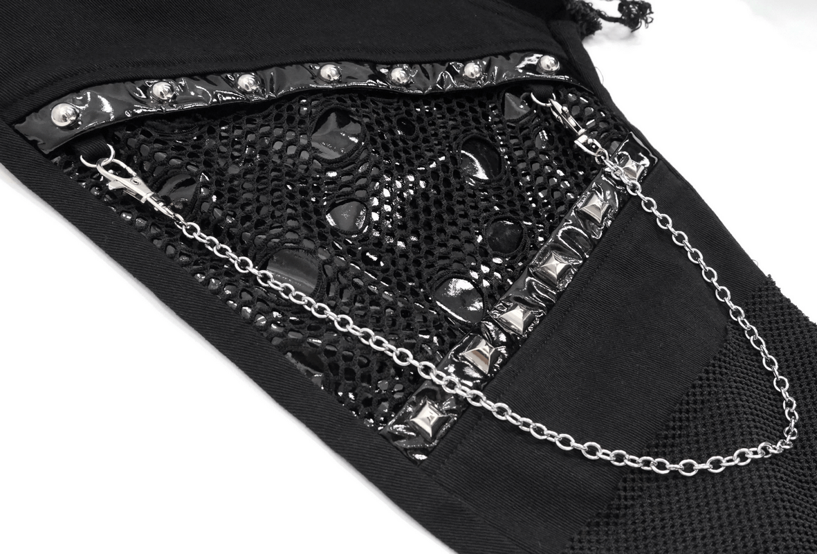 Black Asymmetrical Pants with Chain / Gothic Skinny Trousers with Ripped Effect - HARD'N'HEAVY