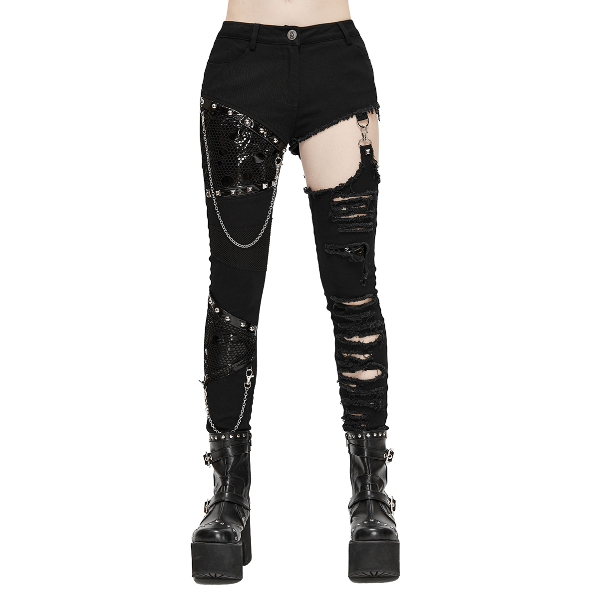 Black Asymmetrical Pants with Chain / Gothic Skinny Trousers with Ripped Effect - HARD'N'HEAVY