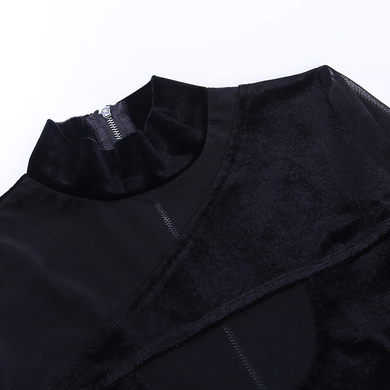 Black women's gothic top with turtleneck and zipper, featuring mesh patchwork for a stylish and edgy look.
