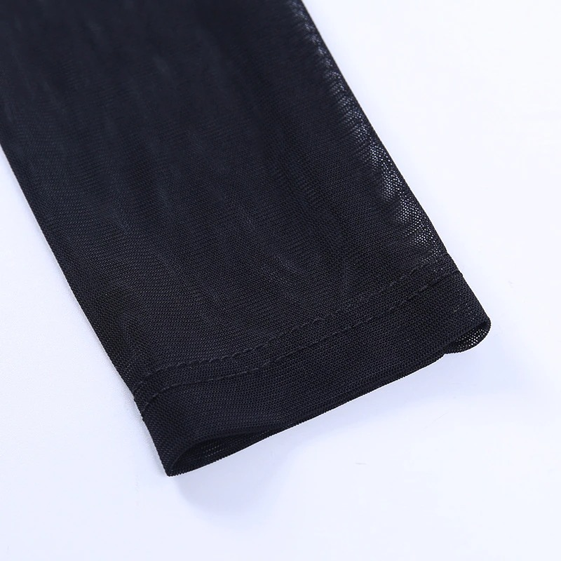 Close-up of the sleeve of a black gothic mesh patchwork women's top, showcasing its elegant and lightweight fabric.