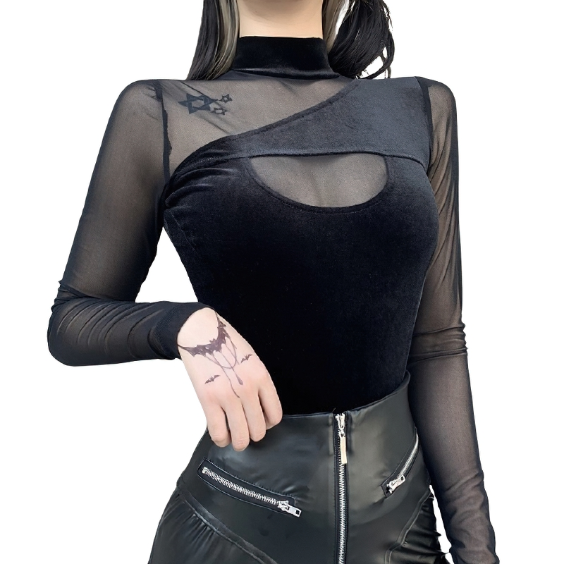 Black back zipper women's gothic mesh turtleneck top with unique patchwork design and fitted silhouette.