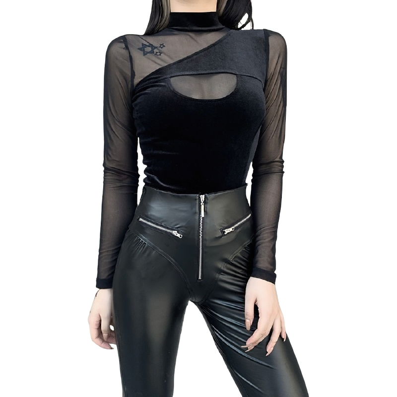 Black Gothic Mesh Patchwork Turtleneck Top for Women, featuring a sleek design and tight-fitting cut.