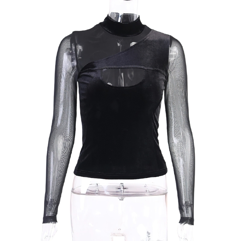 Black women's gothic top featuring a mesh patchwork turtleneck and stylish back zipper for a sleek fit.