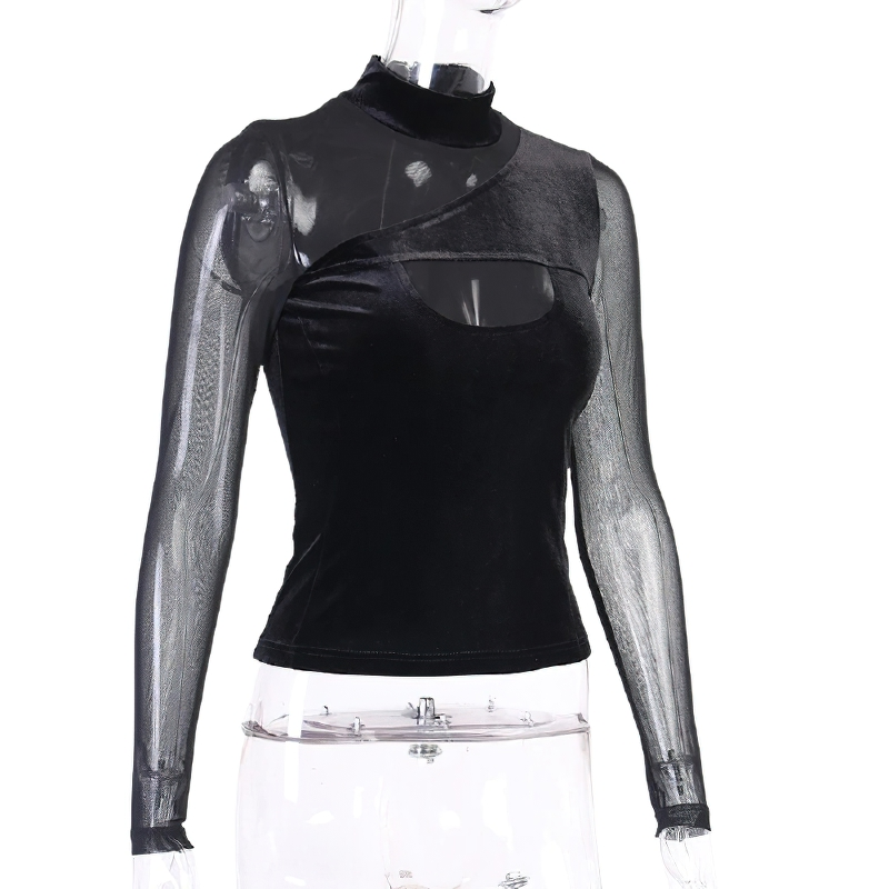 Black Gothic women's top with mesh sleeves and back zipper, perfect for stylish gothic outfits.