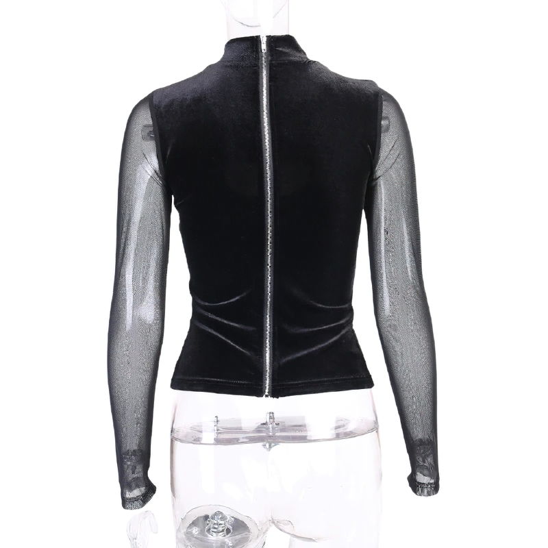 Back view of a black gothic mesh patchwork women's top with a zipper, featuring long transparent sleeves.