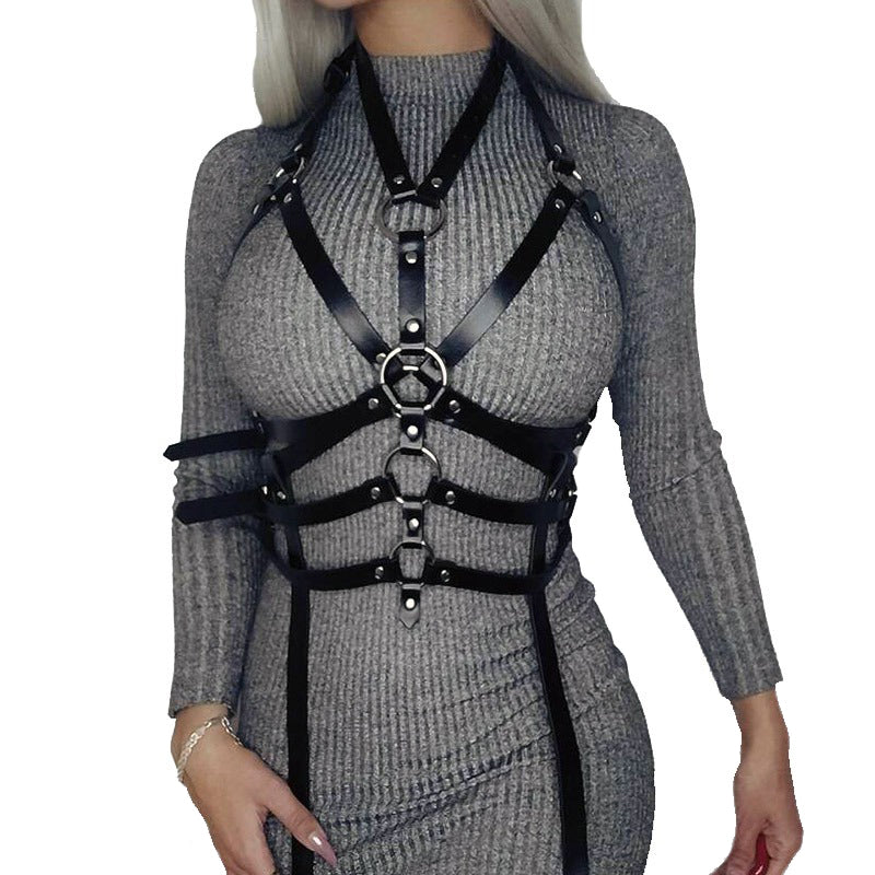 Black BDSM PU leather body harness on a model, perfect for adding a unique touch to any outfit or lingerie.