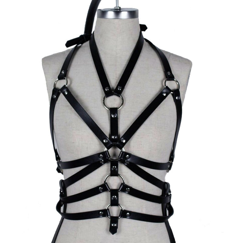 Black leather garter belt for women with rings, perfect for BDSM and fetish styling under dresses or with lingerie.