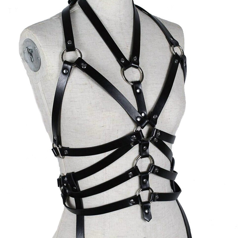 Black PU leather body harness with rings, stylish and versatile for women, perfect for any outfit.