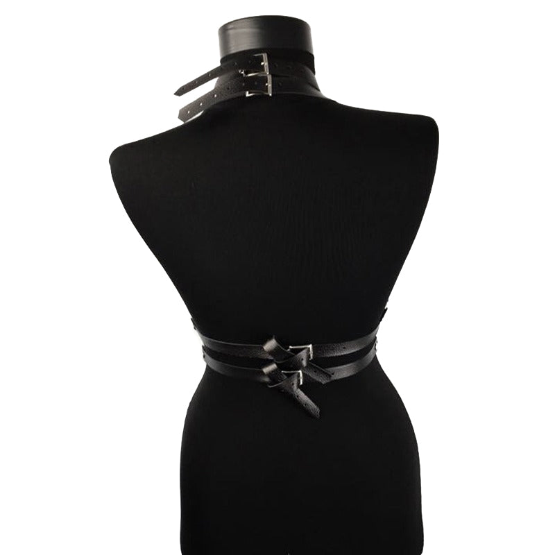 Back view of a black PU leather BDSM garter belt showcasing stylish design with adjustable straps for women.