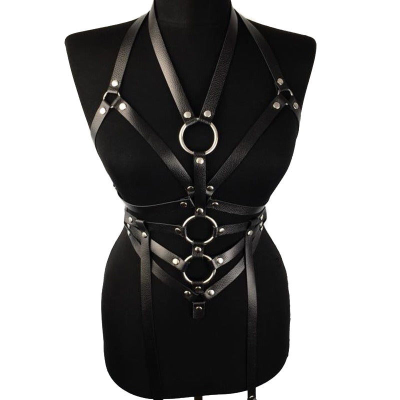 Black PU leather garter belt with rings, perfect for BDSM outfits or as a stylish accessory for women.