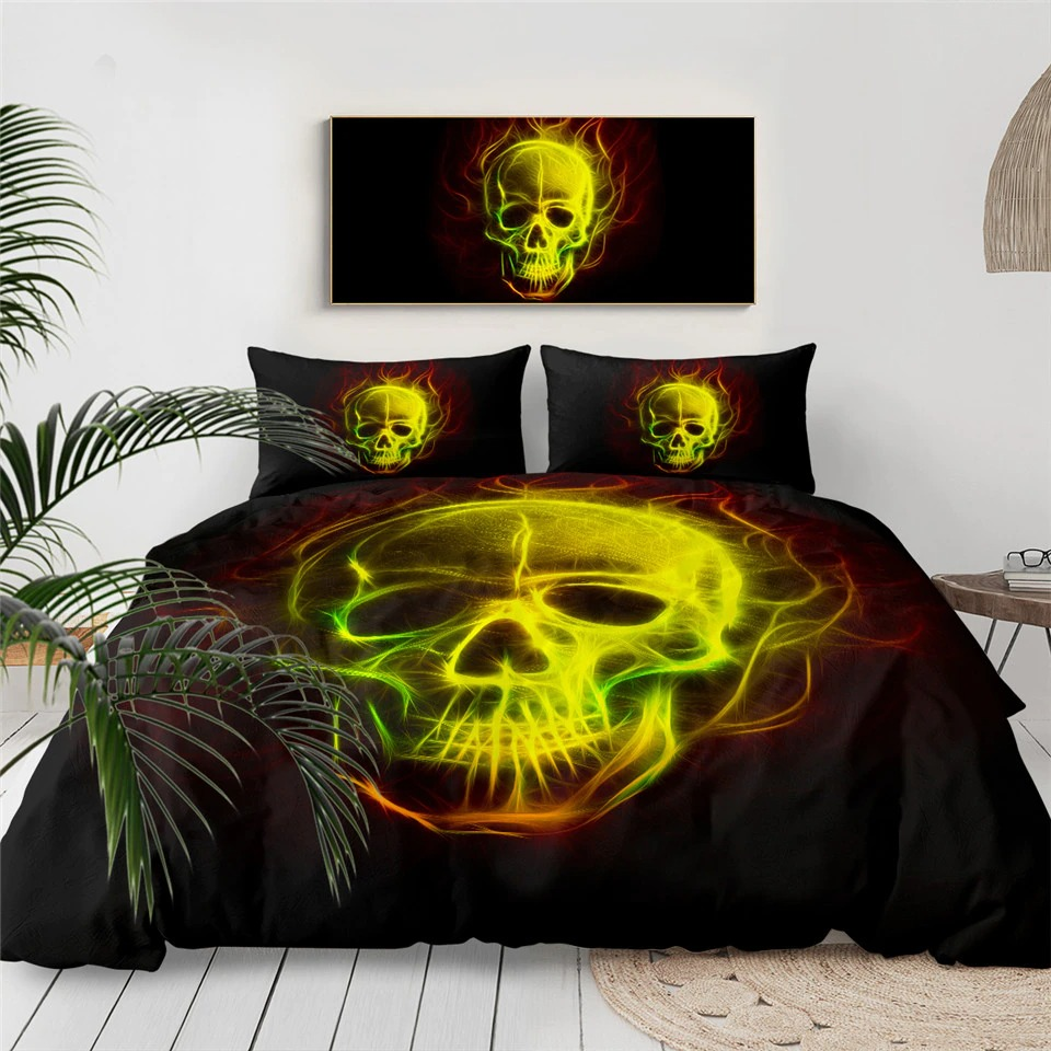 Black Bedclothes Set with print of fiery skull / Duvet Cover King Size / Fashion Home Textiles - HARD'N'HEAVY