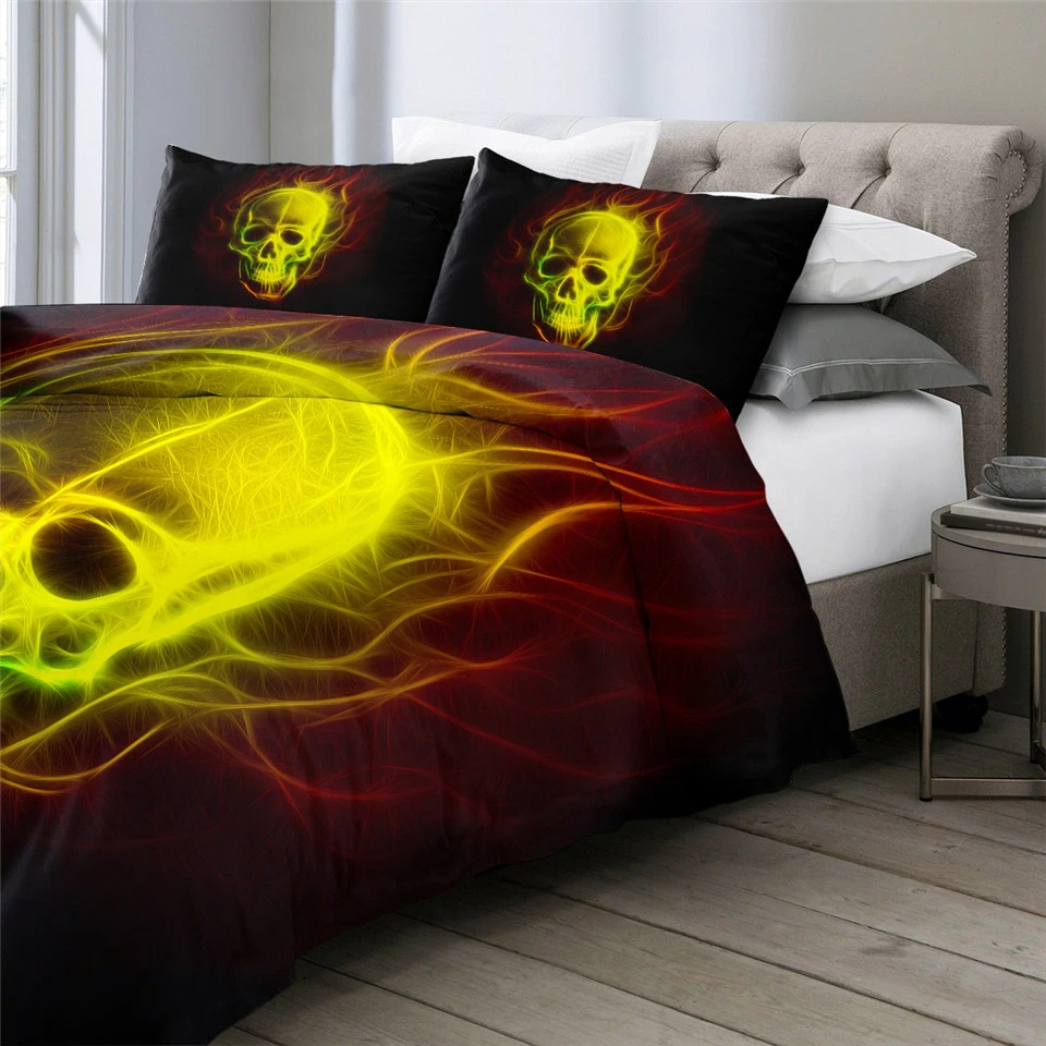 Black Bedclothes Set with print of fiery skull / Duvet Cover King Size / Fashion Home Textiles - HARD'N'HEAVY