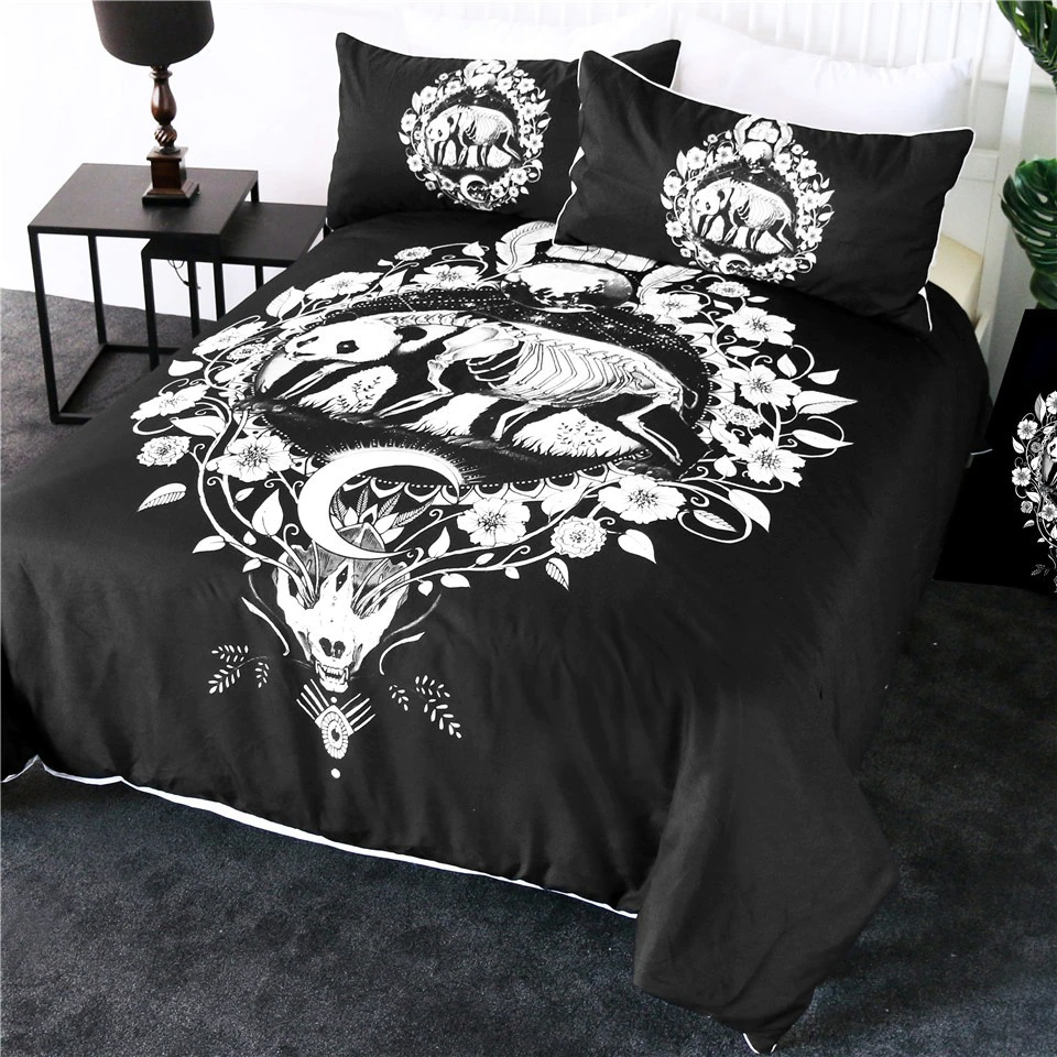 Black bedding set with panda skeleton print, unisex alternative style, perfect for trendy home decor.