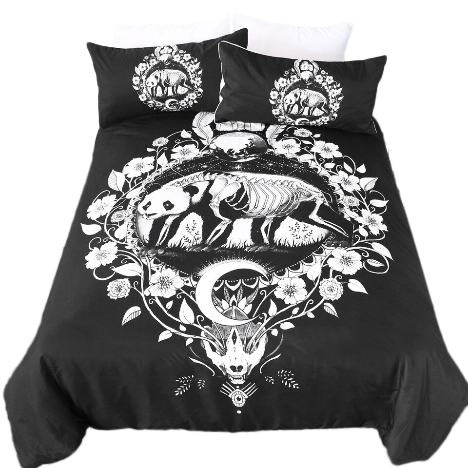 Black bedding set with panda skeleton print, unisex bedclothes, perfect for alternative home decor.