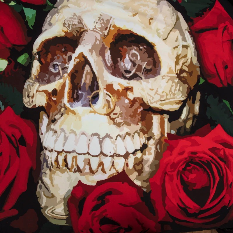 Colorful skull surrounded by vibrant red roses, perfect gothic home decor for any unisex bedding set.
