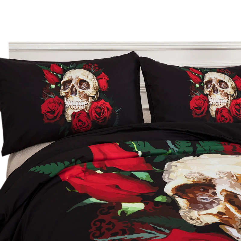 Black bedding set featuring skull and red roses print, perfect for a gothic style home decor.