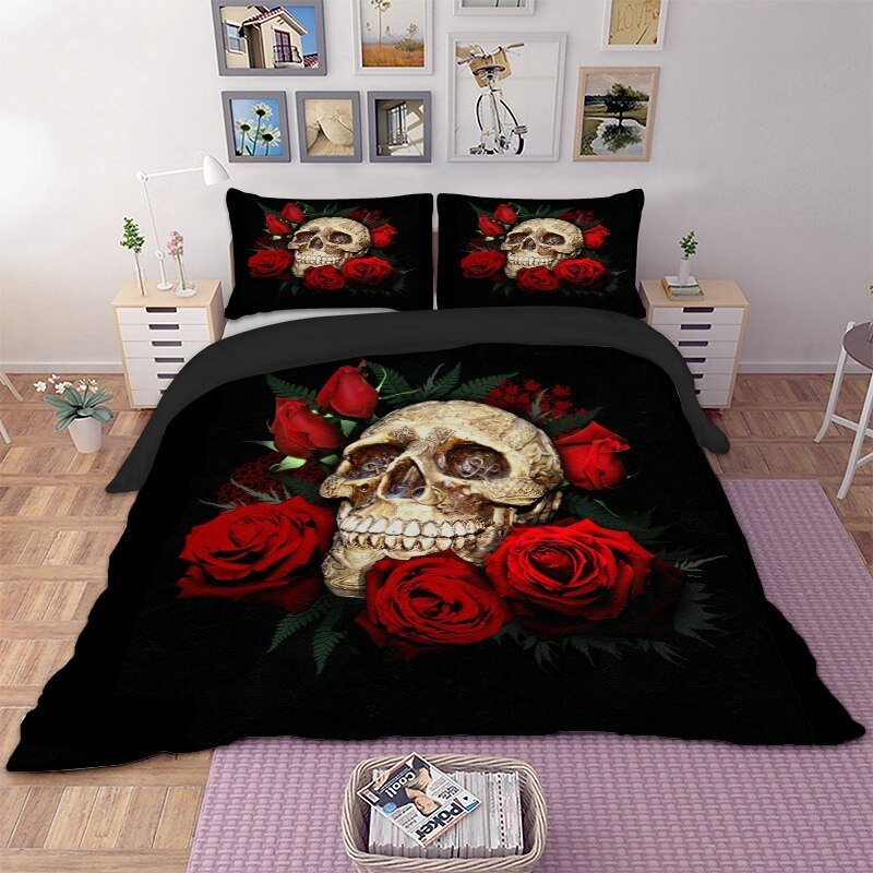Black gothic bedding set featuring skull and red roses print, perfect for stylish unisex home decor.
