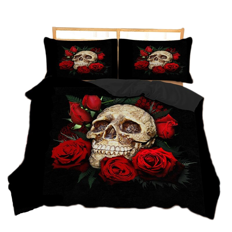 Black gothic bedding set featuring skull and red roses on a stylish bed for unisex home decor.