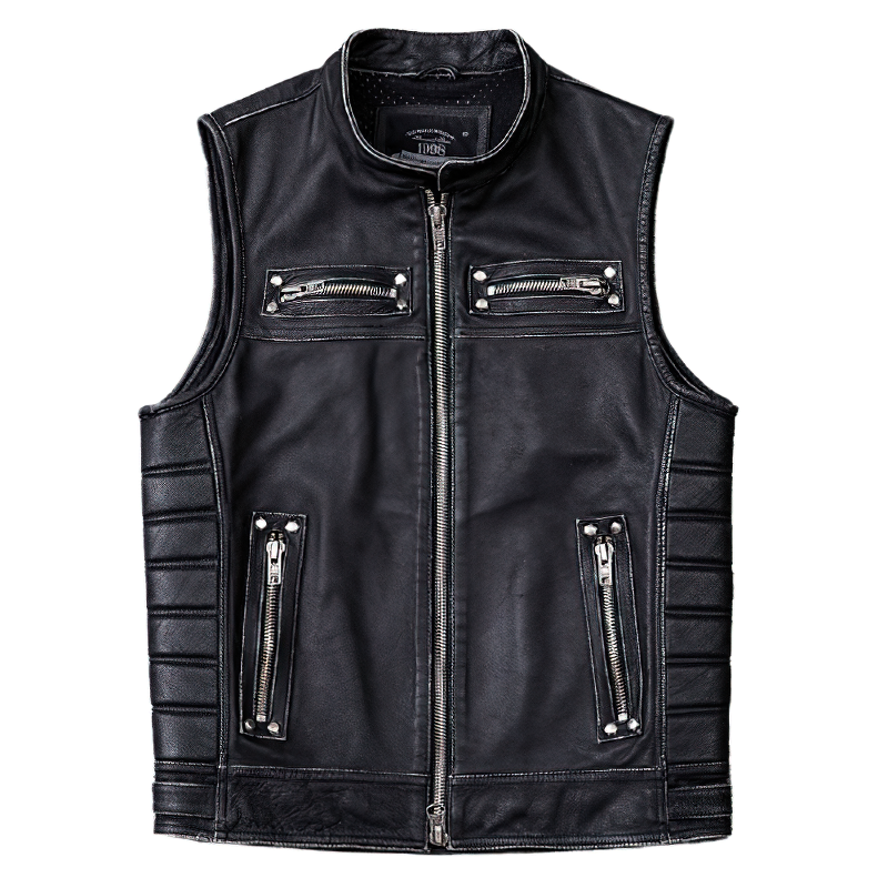 Stylish black biker leather vest with zipped pockets, perfect for vintage rock or goth outfits.